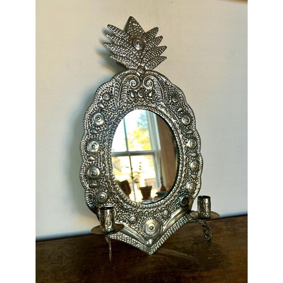 Vintage Ornate Silver Hand-Hammered Metal Frame with Candleholders - Picture 1 of 5